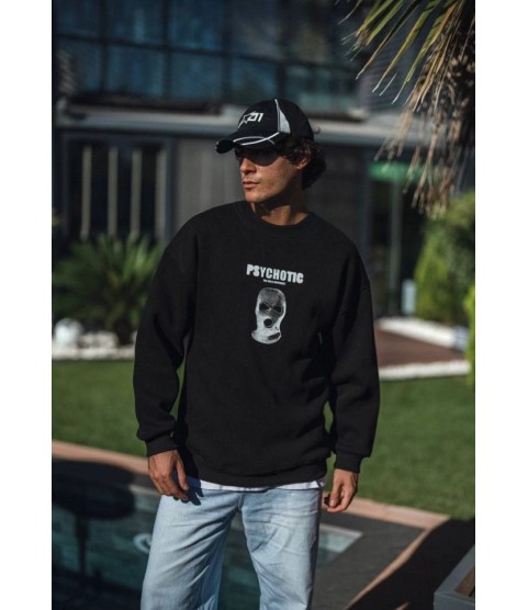 Kışlık Bisiklet Yaka Baskılı SweatShirt - Siyah