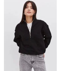 Oversize Yarım Farmuarlı Yakalı Basic SweatShirt - Siyah