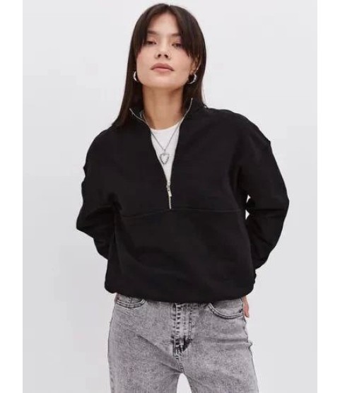 Oversize Yarım Farmuarlı Yakalı Basic SweatShirt - Siyah Oversize Yarım Farmuarlı Yakalı Basic SweatShirt - Siyah