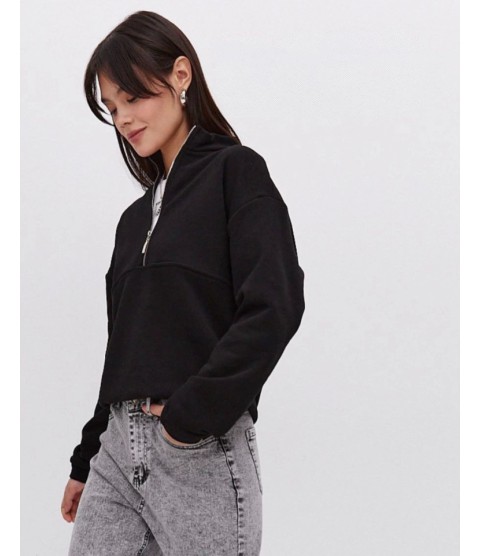 Oversize Yarım Farmuarlı Yakalı Basic SweatShirt - Siyah Oversize Yarım Farmuarlı Yakalı Basic SweatShirt - Siyah