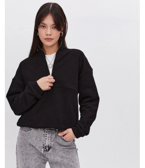 Oversize Yarım Farmuarlı Yakalı Basic SweatShirt - Siyah Oversize Yarım Farmuarlı Yakalı Basic SweatShirt - Siyah