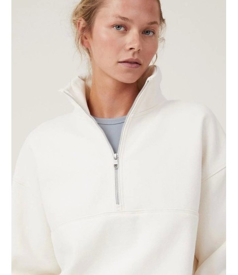 Oversize Yarım Farmuarlı Yakalı Basic SweatShirt - Beyaz Oversize Yarım Farmuarlı Yakalı Basic SweatShirt - Beyaz