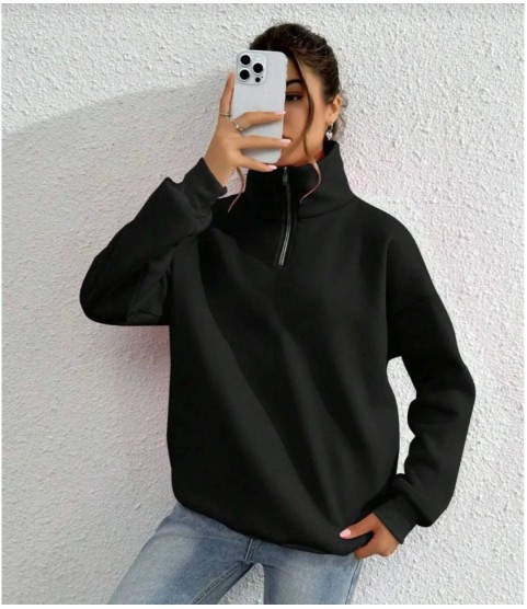 Unisex Uzun Kol Yarım Farmuarlı Yakalı Basic SweatShirt - Siyah