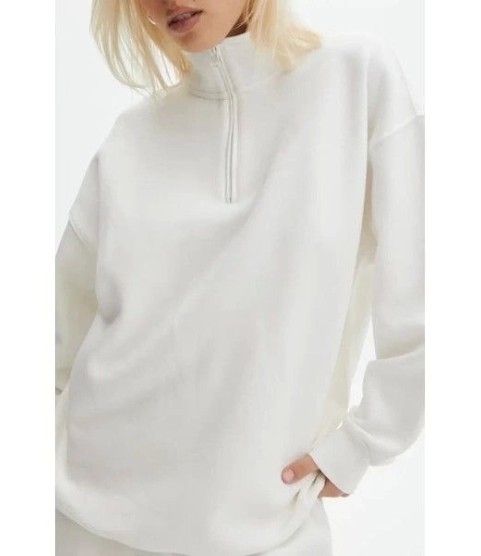 Unisex Uzun Kol Yarım Farmuarlı Yakalı Basic SweatShirt - Beyaz
