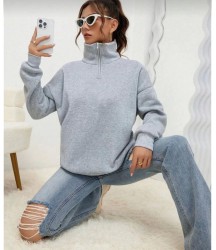 Unisex Uzun Kol Yarım Farmuarlı Yakalı Basic SweatShirt - Gri