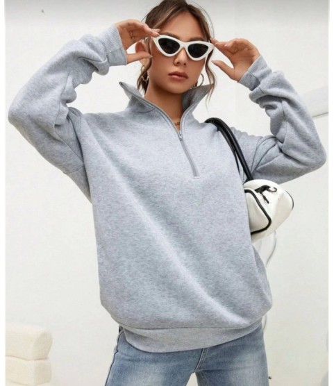 Unisex Uzun Kol Yarım Farmuarlı Yakalı Basic SweatShirt - Gri