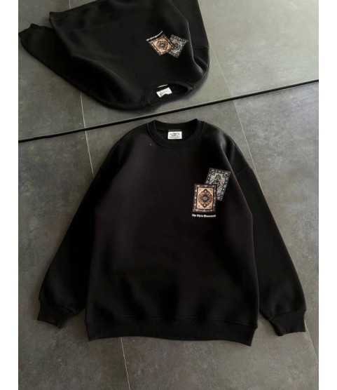 Bisiklet Yaka Baskılı SweatShirt - Siyah