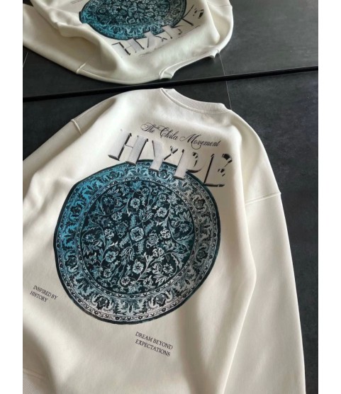 Üç İplik Bisiklet Yaka Baskılı SweatShirt - Beyaz