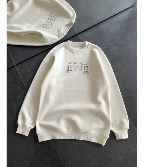 Üç İplik Bisiklet Yaka Baskılı SweatShirt - Beyaz