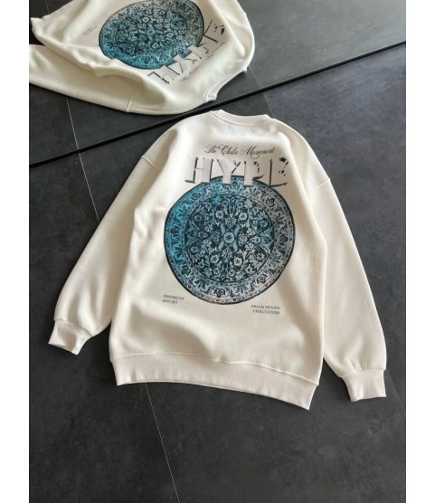 Üç İplik Bisiklet Yaka Baskılı SweatShirt - Beyaz