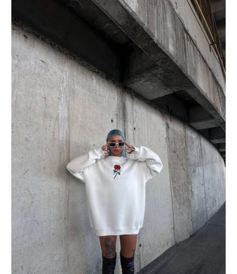 Oversize Üç İplik Bisiklet Yaka Baskılı SweatShirt - Beyaz