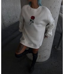 Oversize Üç İplik Bisiklet Yaka Baskılı SweatShirt - Beyaz