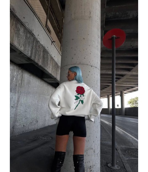 Oversize Üç İplik Bisiklet Yaka Baskılı SweatShirt - Beyaz