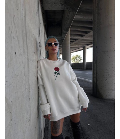 Oversize Üç İplik Bisiklet Yaka Baskılı SweatShirt - Beyaz