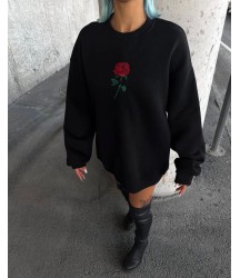 Oversize Üç İplik Bisiklet Yaka Baskılı SweatShirt - Siyah