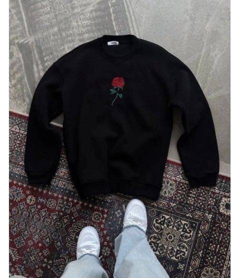 Oversize Üç İplik Bisiklet Yaka Baskılı SweatShirt - Siyah
