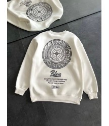 Kışlık Bisiklet Yaka Ön Ve Arka Baskılı SweatShirt - Beyaz