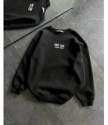 Bisiklet Yaka Üç İplik Baskılı Oversize SweatShirt - Siyah