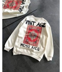 Bisiklet Yaka Üç İplik Baskılı Oversize SweatShirt - Beyaz