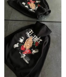 Üç İplik Penye Uzun Kol Kapşonlu Baskılı SweatShirt - Siyah