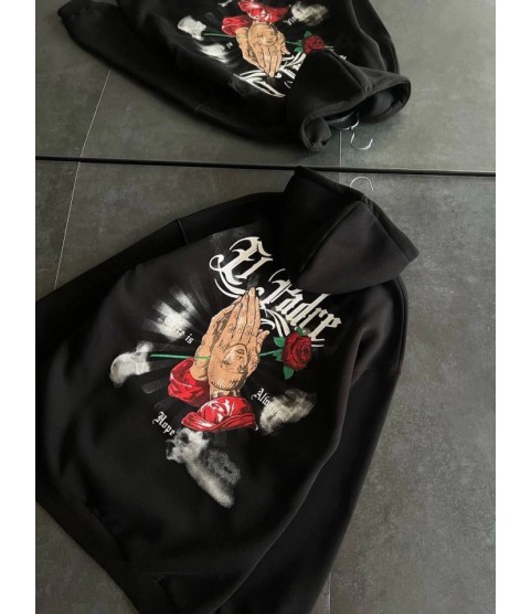 Üç İplik Penye Uzun Kol Kapşonlu Baskılı SweatShirt - Siyah