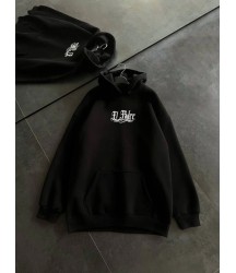 Üç İplik Penye Uzun Kol Kapşonlu Baskılı SweatShirt - Siyah