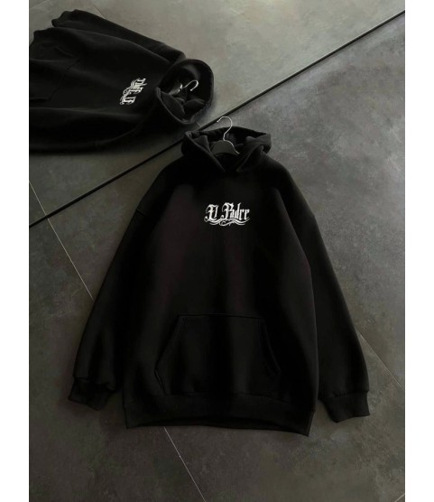 Üç İplik Penye Uzun Kol Kapşonlu Baskılı SweatShirt - Siyah