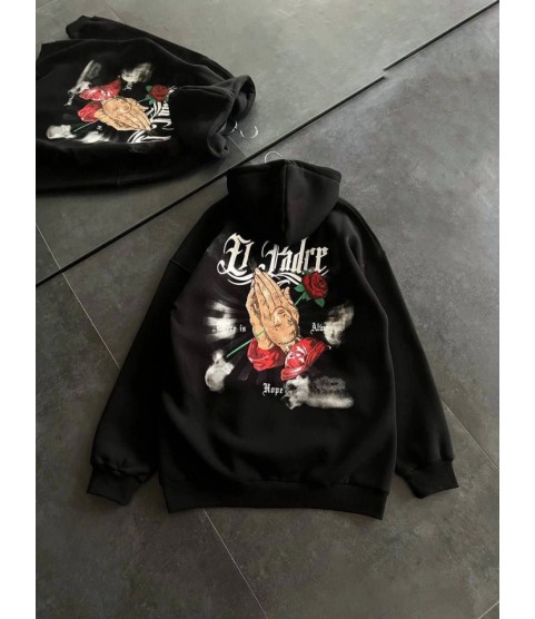 Üç İplik Penye Uzun Kol Kapşonlu Baskılı SweatShirt - Siyah