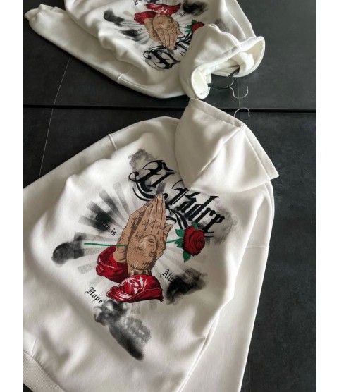 Üç İplik Penye Uzun Kol Kapşonlu Baskılı SweatShirt - Beyaz