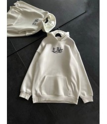 Üç İplik Penye Uzun Kol Kapşonlu Baskılı SweatShirt - Beyaz