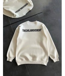 Kışlık Bisiklet Yaka Oversize Baskılı SweatShirt - Beyaz