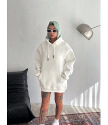 Kapşonlu Üç İplik Penye Basic SweatShirt - Beyaz