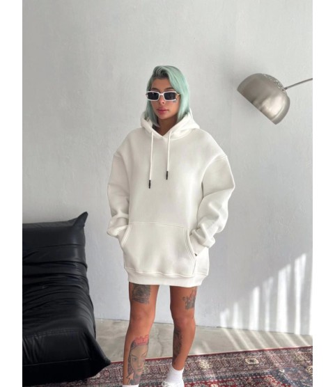 Kapşonlu Üç İplik Penye Basic SweatShirt - Beyaz