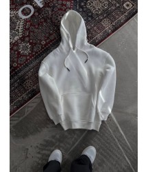 Kapşonlu Üç İplik Penye Basic SweatShirt - Beyaz