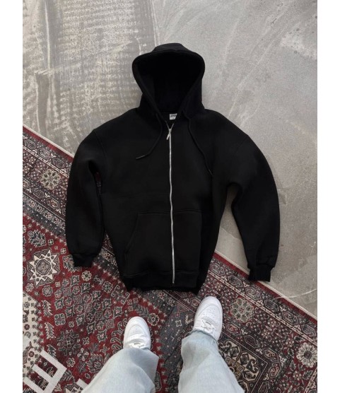 Oversize Tam Fermuarlı Uzun Kol Hırka - Siyah
