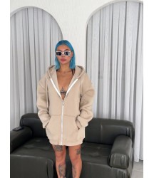 Oversize Tam Fermuarlı Uzun Kol Hırka - Bej