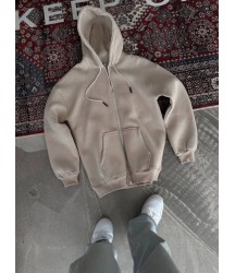 Oversize Tam Fermuarlı Uzun Kol Hırka - Bej