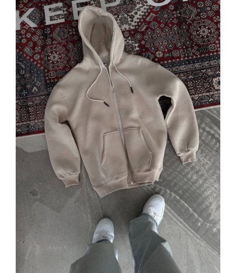 Oversize Tam Fermuarlı Uzun Kol Hırka - Bej