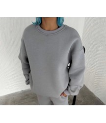 Kışlık Bisiklet Yaka Üç İplik Basic SweatShirt - Gri