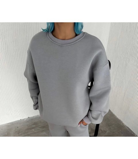 Kışlık Bisiklet Yaka Üç İplik Basic SweatShirt - Gri