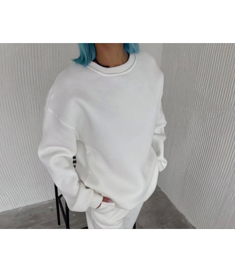 Kışlık Bisiklet Yaka Üç İplik Basic SweatShirt - Beyaz