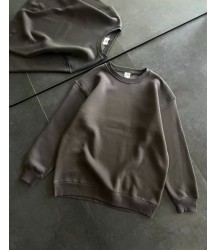 Kışlık Bisiklet Yaka Üç İplik Basic SweatShirt - Füme