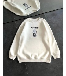 Kışlık Bisiklet Yaka Baskılı SweatShirt - Beyaz