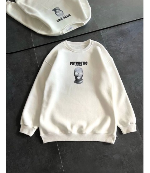 Kışlık Bisiklet Yaka Baskılı SweatShirt - Beyaz