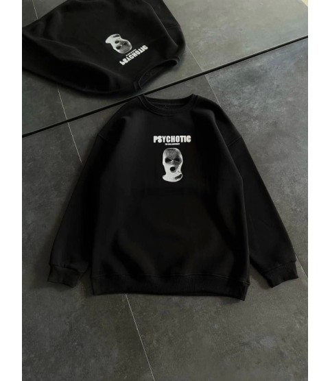 Kışlık Bisiklet Yaka Baskılı SweatShirt - Siyah