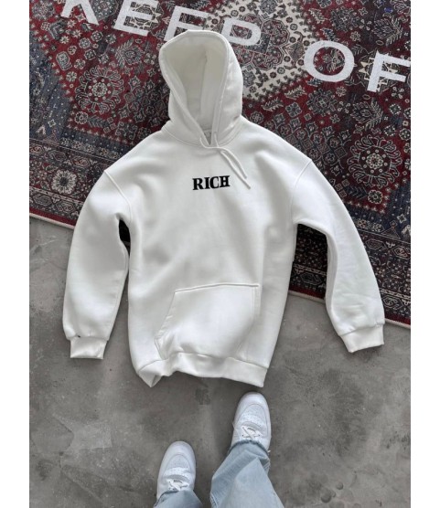 Uzun Kol Kapşonlu Göğüs Baskılı SweatShirt - Beyaz