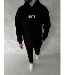 Uzun Kol Kapşonlu Göğüs Baskılı SweatShirt - Siyah