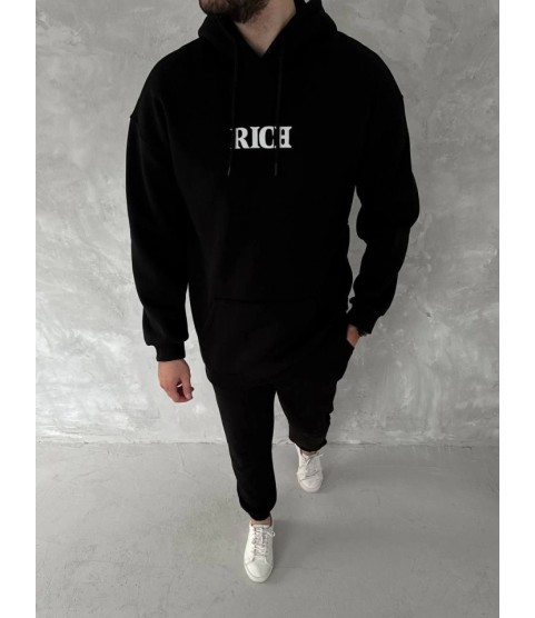 Uzun Kol Kapşonlu Göğüs Baskılı SweatShirt - Siyah