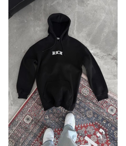 Uzun Kol Kapşonlu Göğüs Baskılı SweatShirt - Siyah