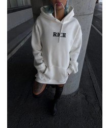 Uzun Kol Kapşonlu Göğüs Baskılı SweatShirt - Beyaz